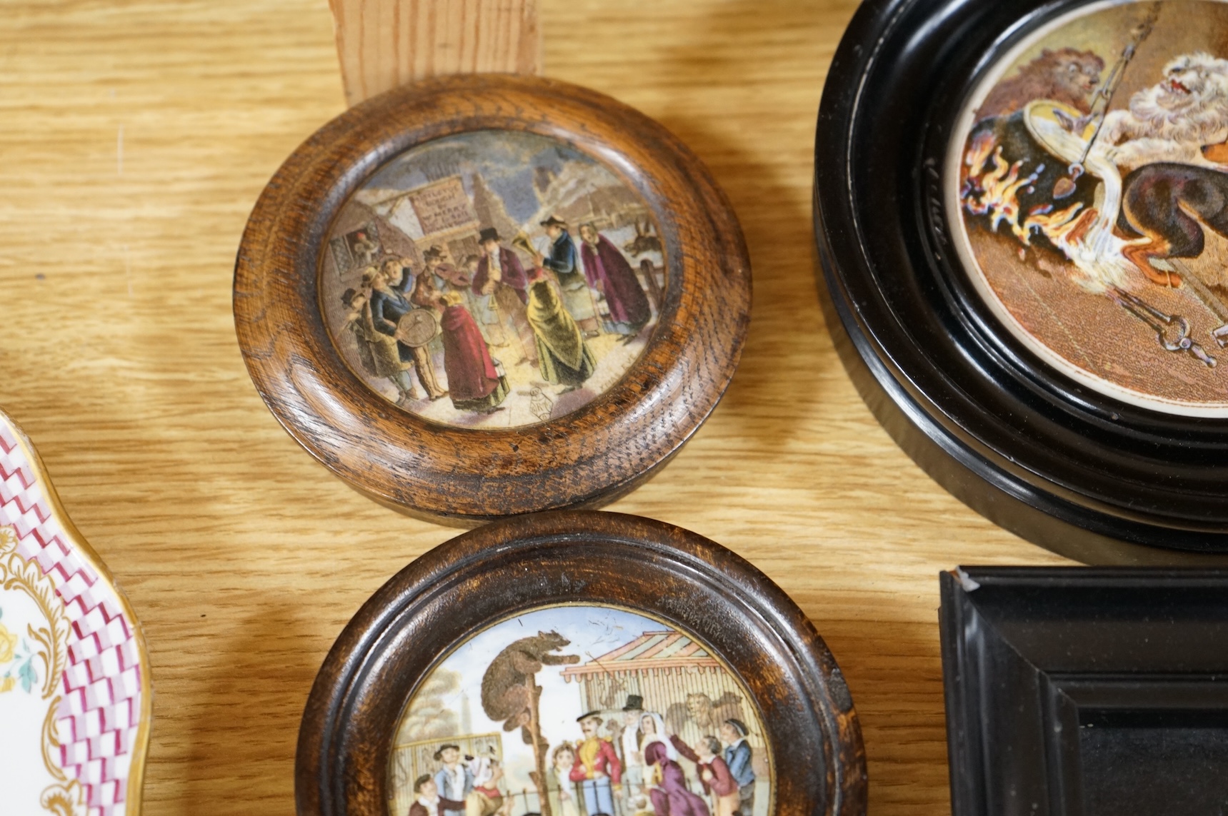 Ten various pot lids, including a rectangular shaped pot lid and frame; Wouvermann Pinx. 15cm wide not including frame.